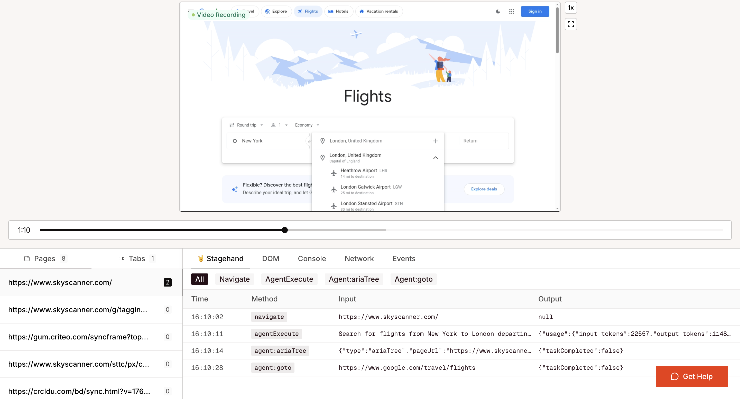 Browserbase Session Inspector showing Skyscanner