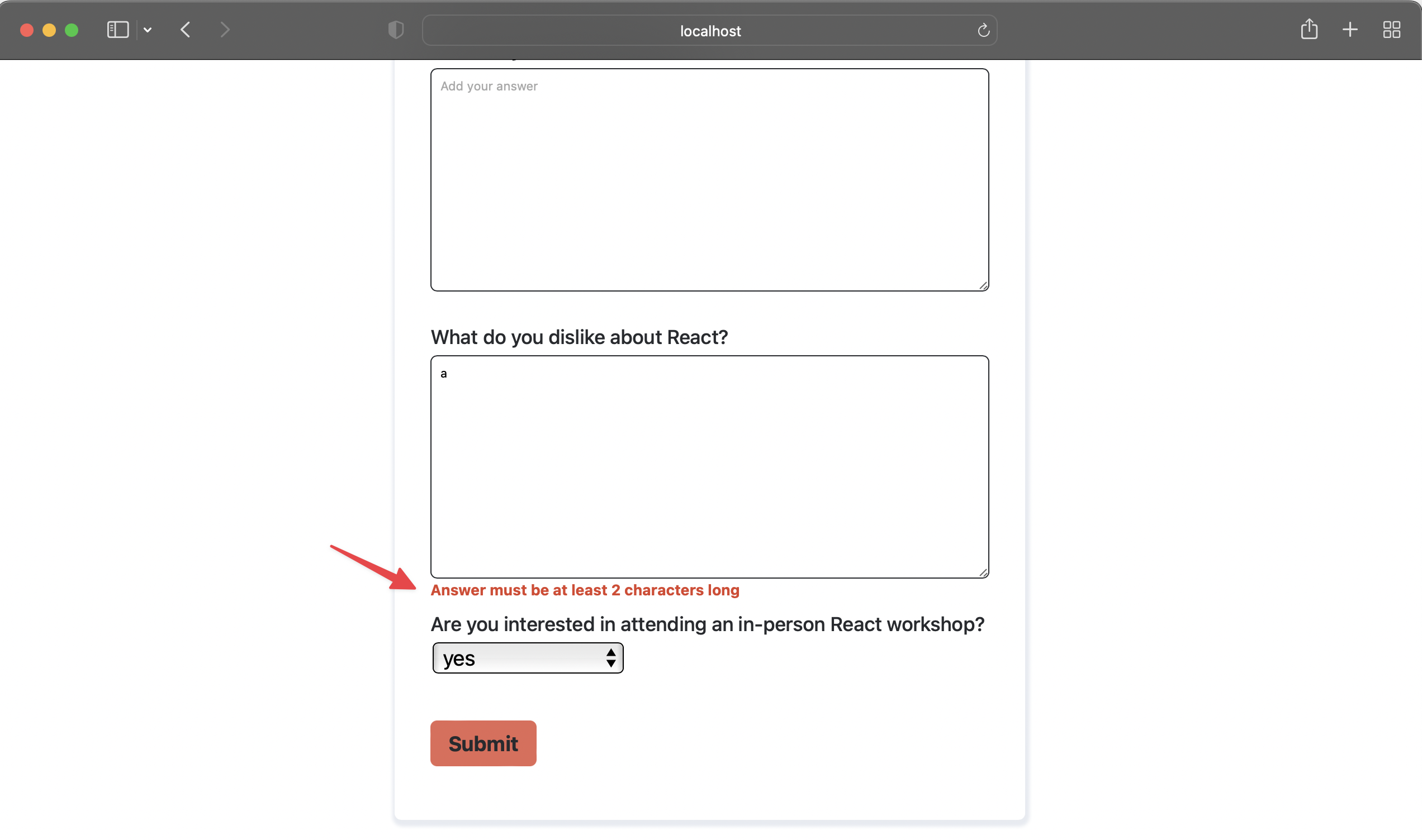 Survey app form validation