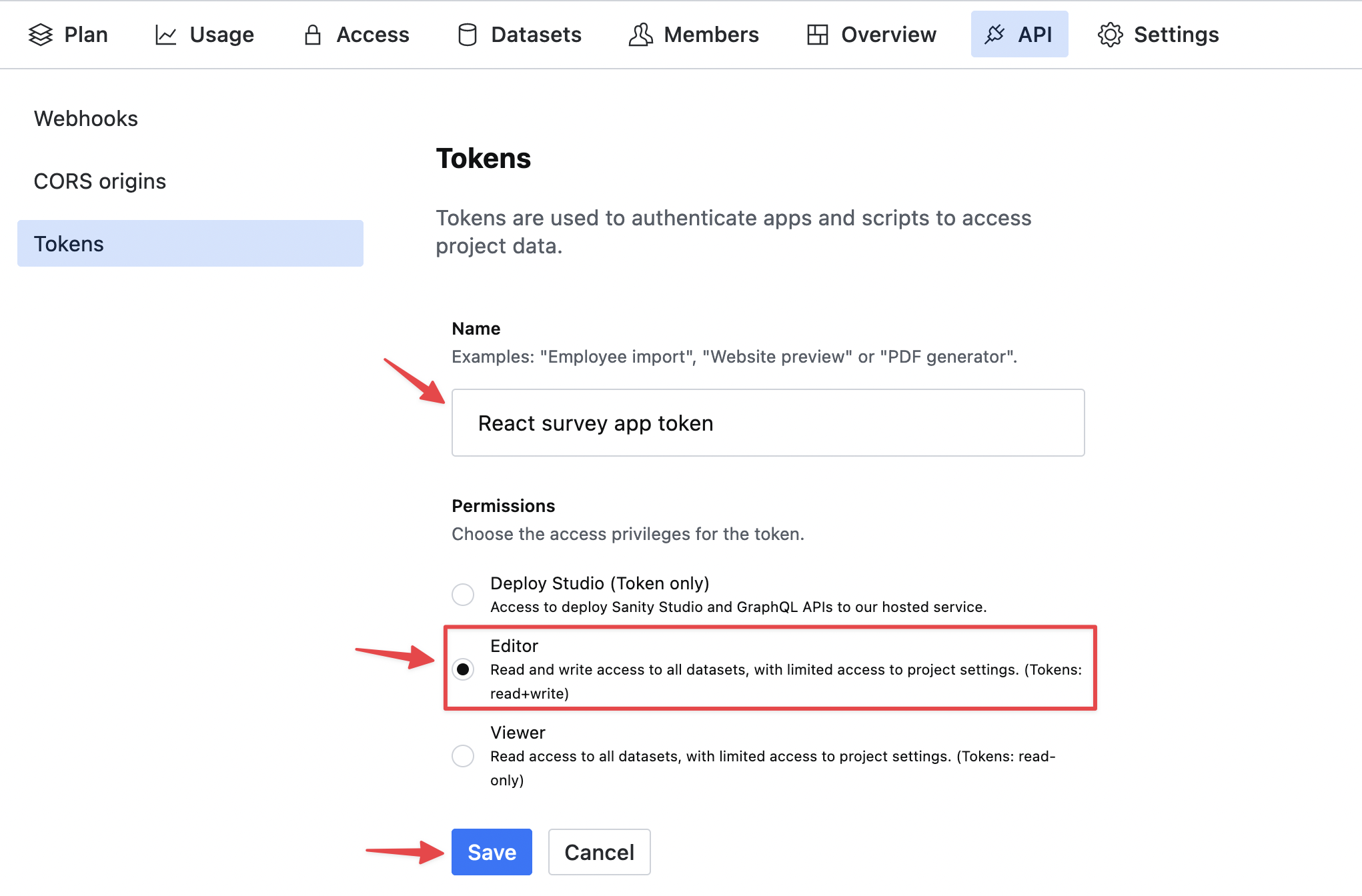 Sanity - create API token options