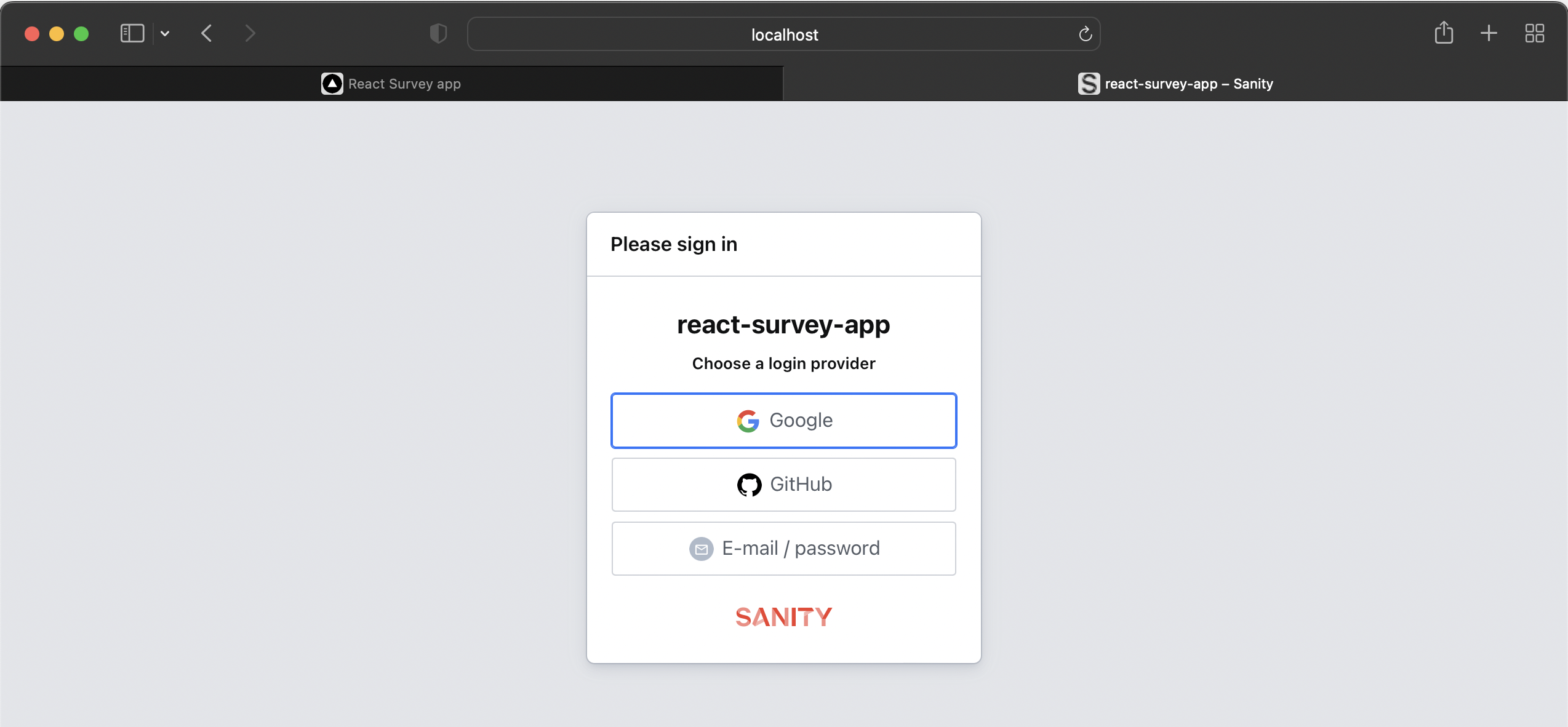 Sanity login menu